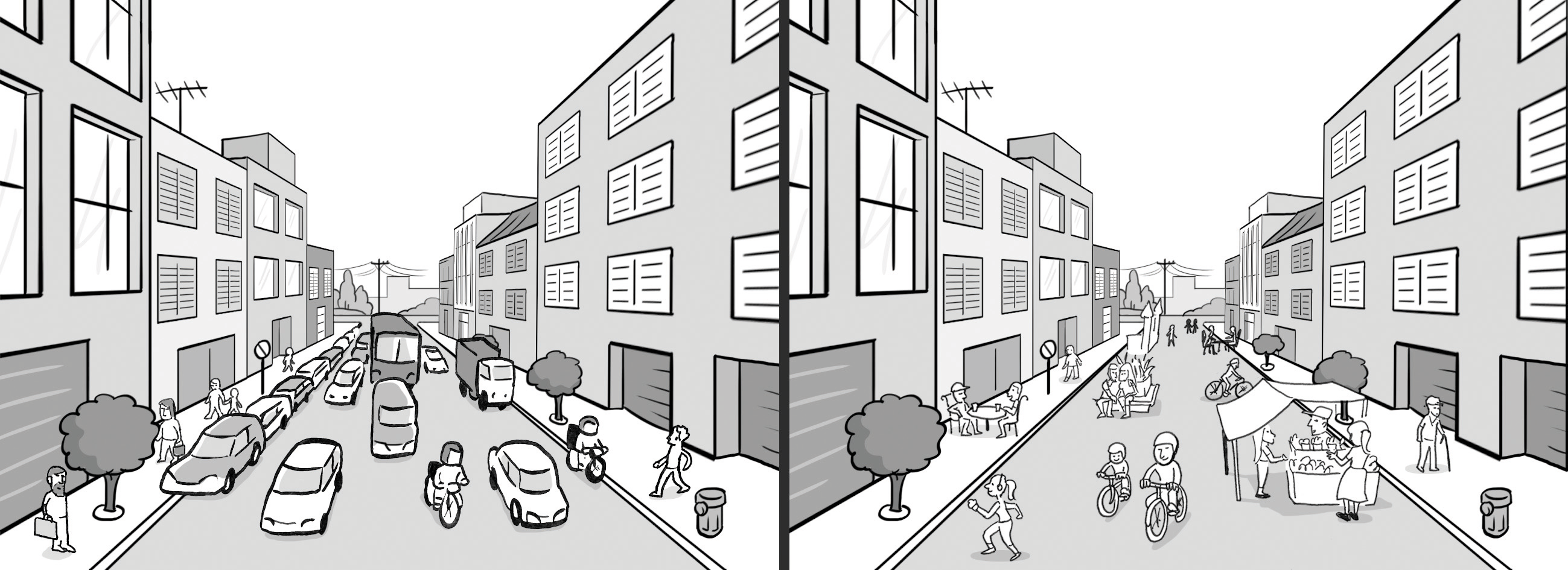 Duas cenas da rua de uma mesma cidade. À esquerda, a rua está tomada de carros, motos e caminhões. à direita, a rua está ocupada por pedestres, ciclistas e feirantes.