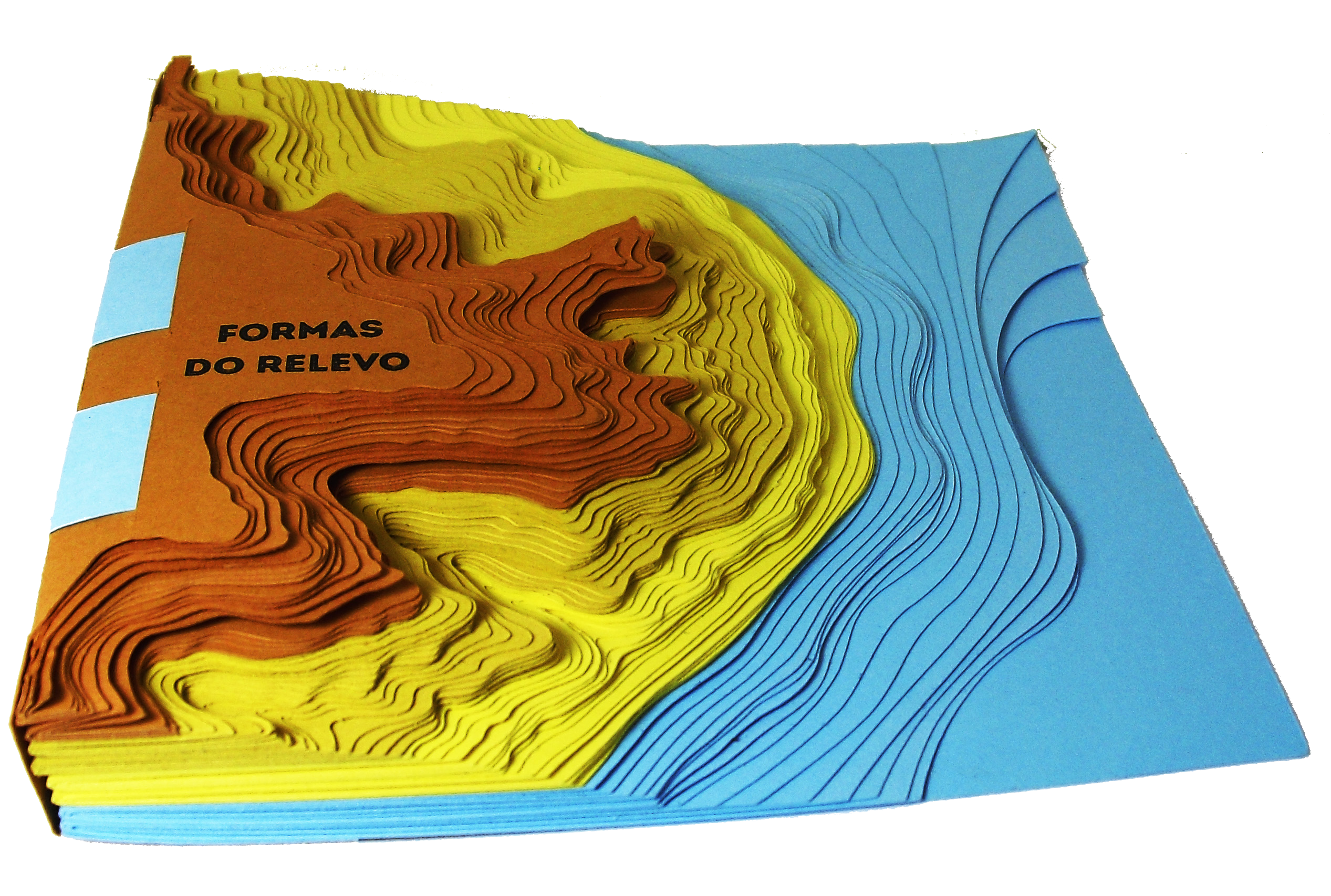 Livro formado de páginas recortadas, com cores diferentes, formando um relevo.