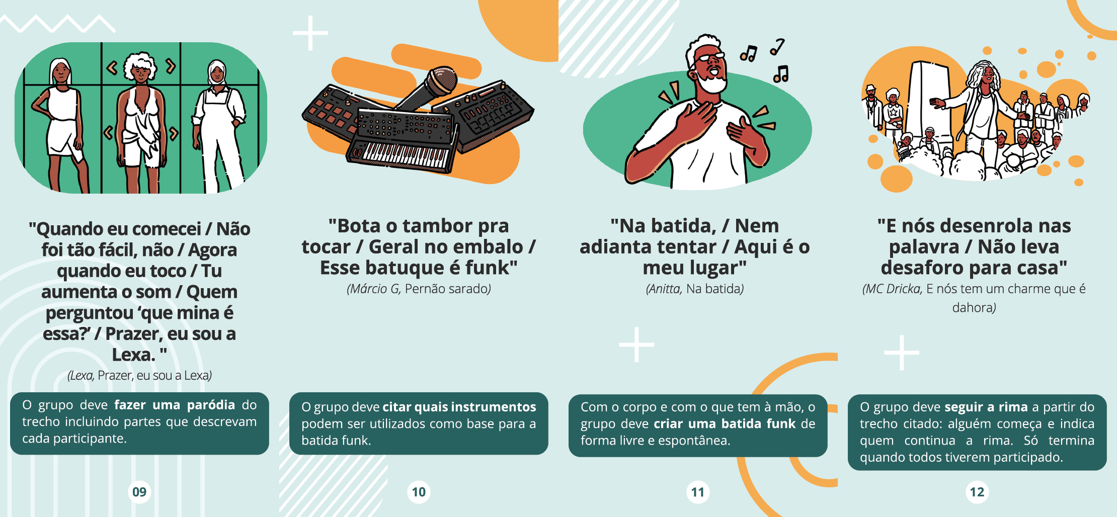 4 cartas do jogo, com ilustração no alto, um trecho de letra de música e um desafio.