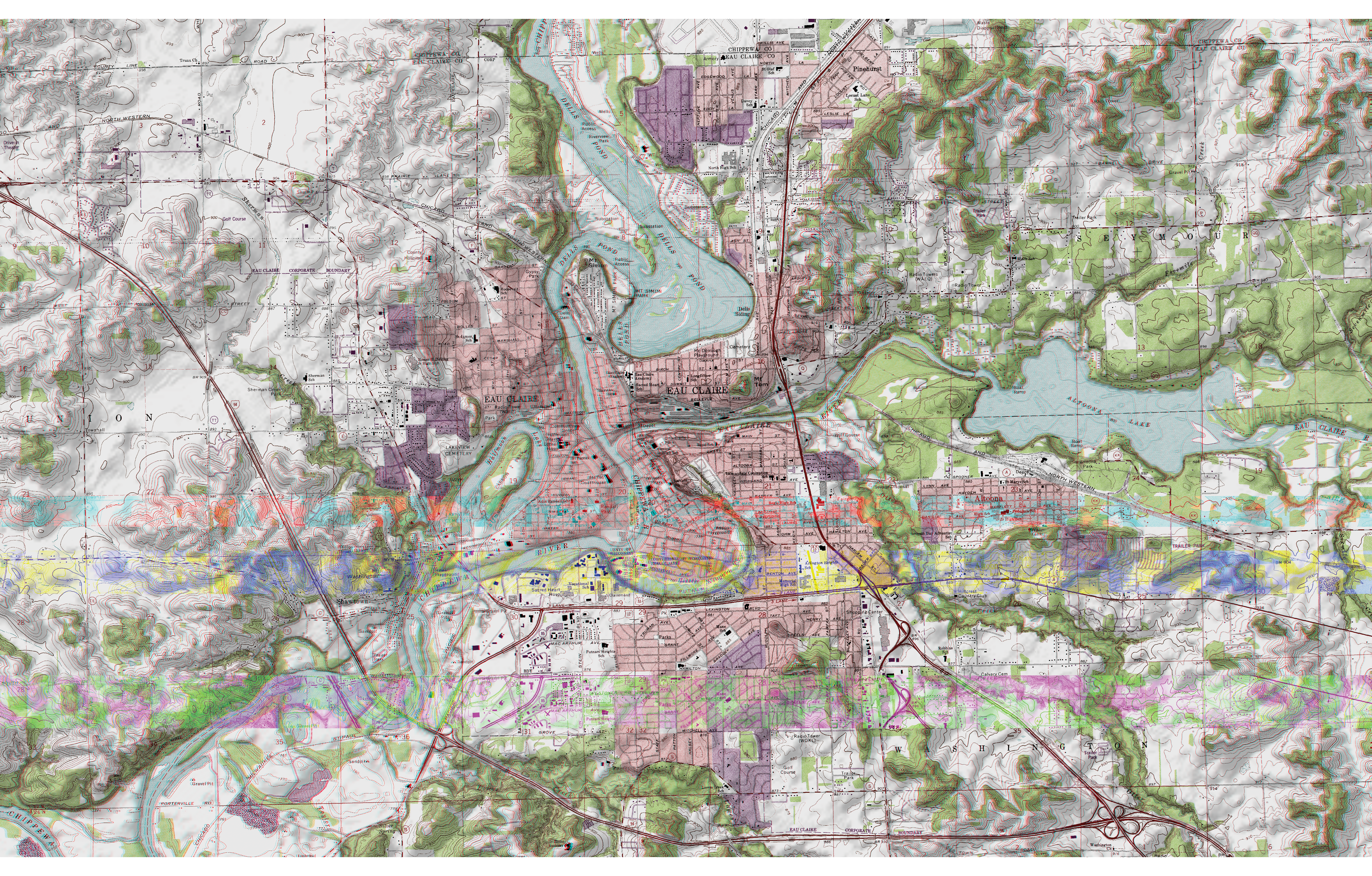 Mapa de uma região atravessada por um rio. As cores têm um tratamento distintos, que não permite enxergar os elementos com boa definição.