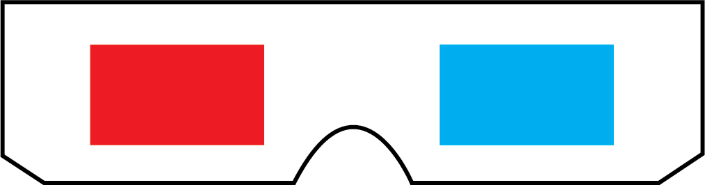 Desenho de um óculos com as lentes em vermelho e azul